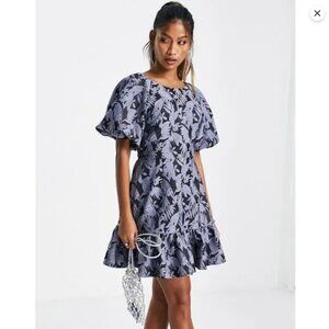 Topshop Jacquard Puff Sleeve Mini Dress Blue Floral Open Back
